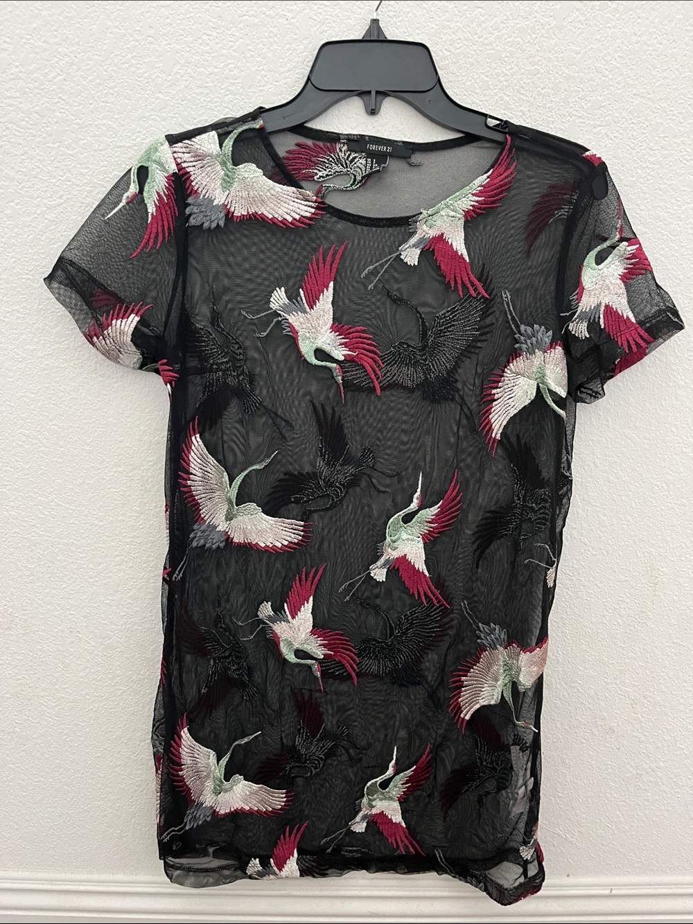 Forever 21 Black Sheer Short Sleeve Top with Burgundy & Mint Crane Embroidery